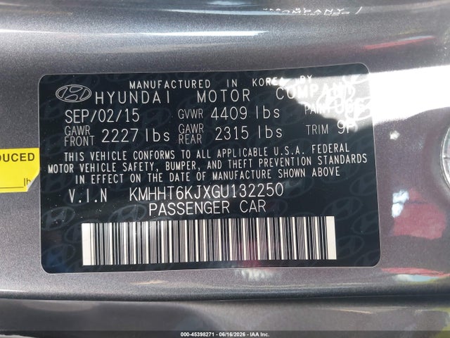 45398271 :رقم المزاد ، KMHHT6KJXGU132250 vin ، 2016 Hyundai Genesis 3.8 Base مزاد بيع