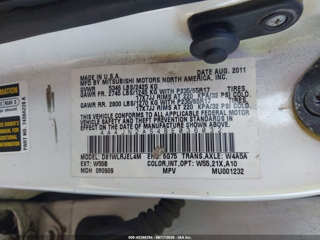 45398294 :رقم المزاد ، 4A4JN2AS4BE036032 vin ، 2011 Mitsubishi Endeavor مزاد بيع
