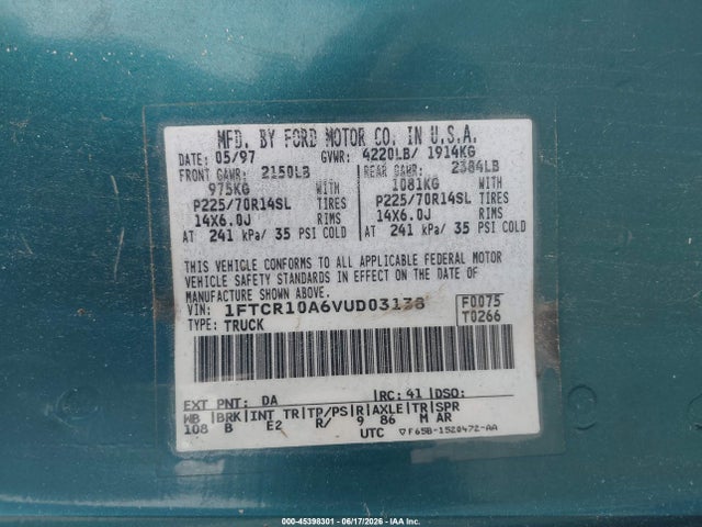 Продаж на аукціоні авто 1997 Ford Ranger Splash/xl/xlt, vin: 1FTCR10A6VUD03138, номер лоту: 45398301