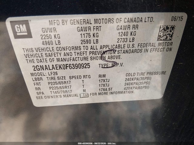 Chevrolet EQUINOX LS 2015 2GNALAEK0F6390925 Image 9