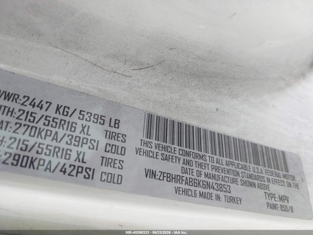 45398323 :رقم المزاد ، ZFBHRFAB6K6N43853 vin ، 2019 Ram Promaster City Tradesman مزاد بيع