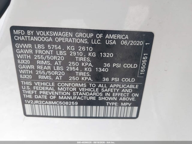 2021 Volkswagen Atlas 3.6l V6 Se W/technology მანქანა იყიდება აუქციონზე, vin: 1V2JR2CA8MC508259, აუქციონის ნომერი: 45398325