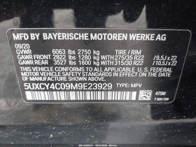 45398331 :رقم المزاد ، 5UXCY4C09M9E23929 vin ، 2021 Bmw X6 Sdrive40i مزاد بيع