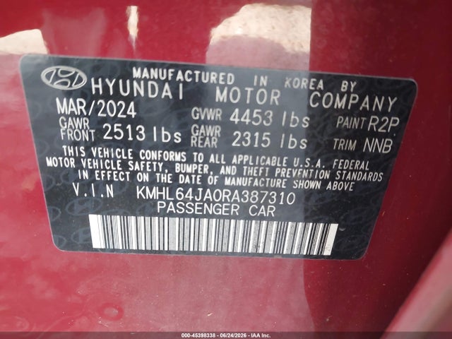 2024 Hyundai Sonata Sel მანქანა იყიდება აუქციონზე, vin: KMHL64JA0RA387310, აუქციონის ნომერი: 45398338