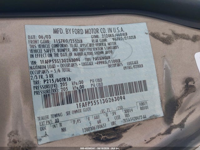 Продажа на аукционе авто 2003 Ford Taurus Ses, vin: 1FAFP55S13G263094, номер лота: 45398341