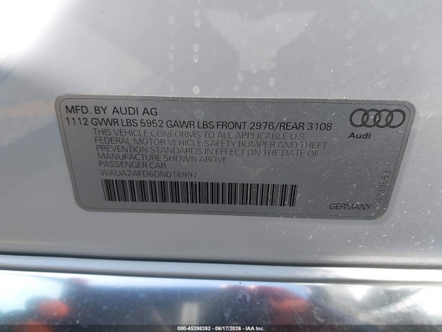 45398392 :رقم المزاد ، WAUA2AFD6DN016997 vin ، 2013 Audi A8 4.0t مزاد بيع