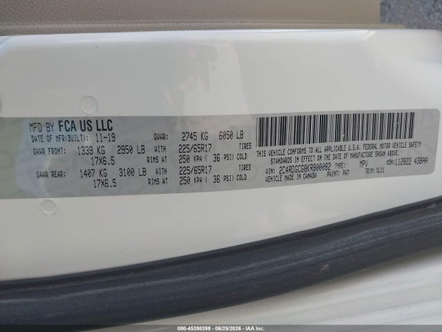 45398399 :رقم المزاد ، 2C4RDGCG8KR800082 vin ، 2019 Dodge Grand Caravan Sxt مزاد بيع