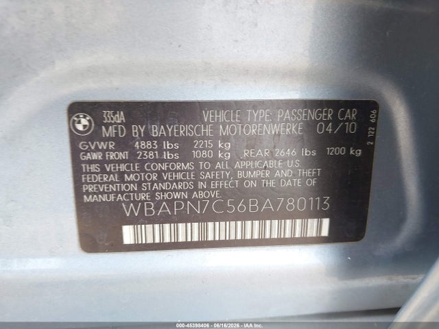 45398406 :رقم المزاد ، WBAPN7C56BA780113 vin ، 2011 Bmw 335d مزاد بيع