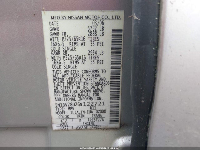 45398420 :رقم المزاد ، 5N1BV28U26N122721 vin ، 2006 Nissan Quest 3.5 Sl مزاد بيع