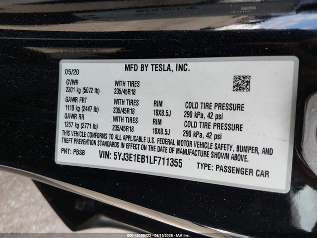 Продажа на аукционе авто 2020 Tesla Model 3 Long Range Dual Motor All-wheel Drive, vin: 5YJ3E1EB1LF711355, номер лота: 45398423