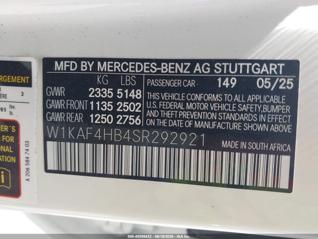 2025 Mercedes-benz C 300 მანქანა იყიდება აუქციონზე, vin: W1KAF4HB4SR292921, აუქციონის ნომერი: 45398432