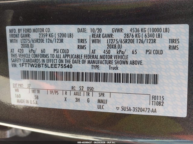 Auction sale of the 2020 Ford F-250 Lariat, vin: 1FT7W2BT5LEE75540, lot number: 45398437