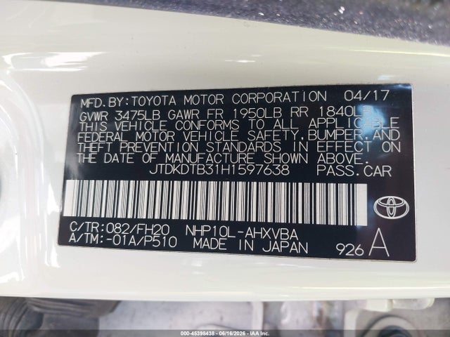 JTDKDTB31H1597638 Toyota Prius C One