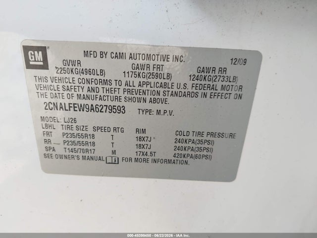 45398450 :رقم المزاد ، 2CNALFEW9A6279593 vin ، 2010 Chevrolet Equinox Ltz مزاد بيع