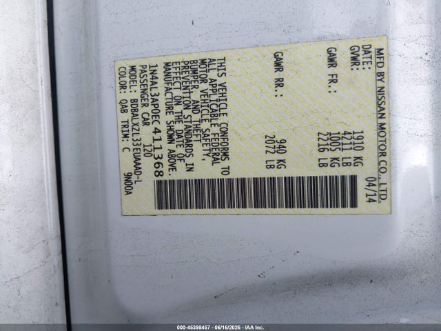 45398457 :رقم المزاد ، 1N4AL3AP0EC411368 vin ، 2014 Nissan Altima 2.5 Sl مزاد بيع