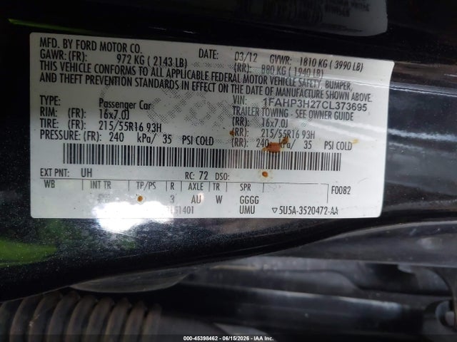 45398462 :رقم المزاد ، 1FAHP3H27CL373695 vin ، 2012 Ford Focus Sel مزاد بيع