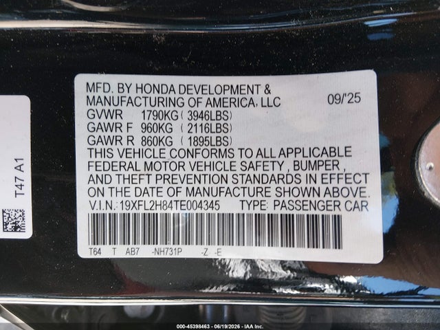 45398463 :رقم المزاد ، 19XFL2H84TE004345 vin ، 2026 Honda Civic Sport مزاد بيع