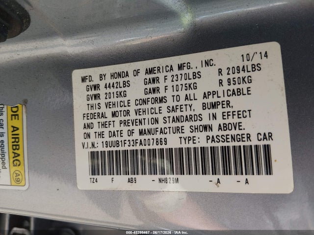 45398467 :رقم المزاد ، 19UUB1F33FA007869 vin ، 2015 Acura Tlx مزاد بيع
