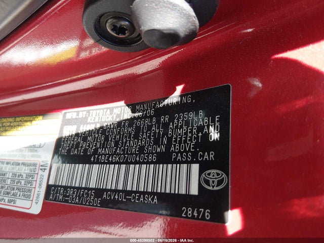 Продаж на аукціоні авто 2007 Toyota Camry Se, vin: 4T1BE46K07U040586, номер лоту: 45398502