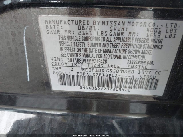 Aukcja sprzedaży 2021 Nissan Sentra Sr Xtronic Cvt, vin: 3N1AB8DV7MY319428, numer aukcji: 45398504