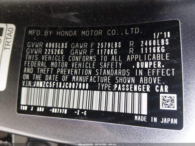 JHMZC5F18JC007000 Honda CLARITY PLUG-IN HYBRID