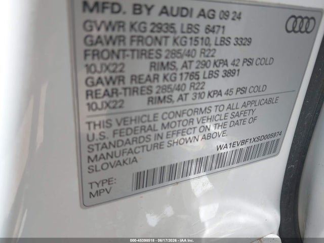 Продаж на аукціоні авто 2025 Audi Q8 Premium Plus 55 Tfsi Quattro, vin: WA1EVBF1XSD005974, номер лоту: 45398518