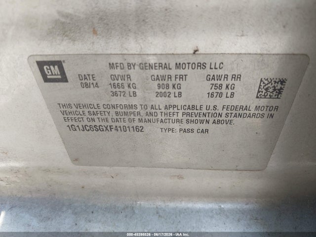 45398526 :رقم المزاد ، 1G1JC6SGXF4101162 vin ، 2015 Chevrolet Sonic Lt Auto مزاد بيع