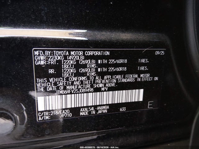 JTMB6RFV2SJ089498 Toyota Rav4 Hybrid Xle Premium