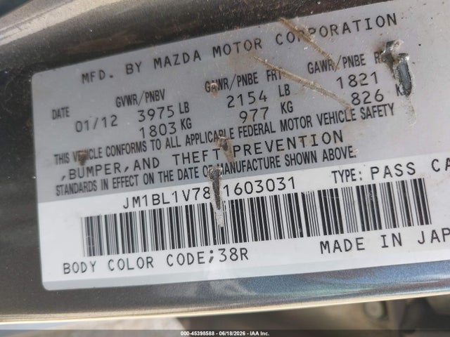 Aukcja sprzedaży 2012 Mazda Mazda3, vin: JM1BL1V78C1603031, numer aukcji: 45398588