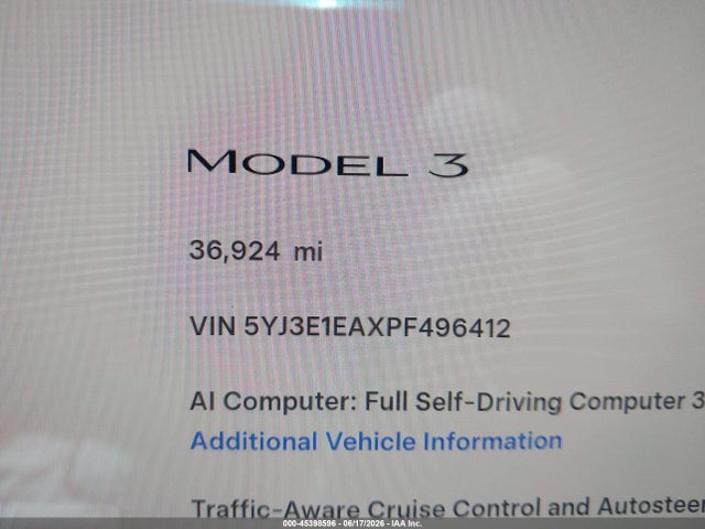 45398596 :رقم المزاد ، 5YJ3E1EAXPF496412 vin ، 2023 Tesla Model 3 Rear-wheel Drive مزاد بيع