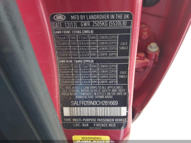 Aukcja sprzedaży 2012 Land Rover Lr2, vin: SALFR2BN0CH281669, numer aukcji: 45398598