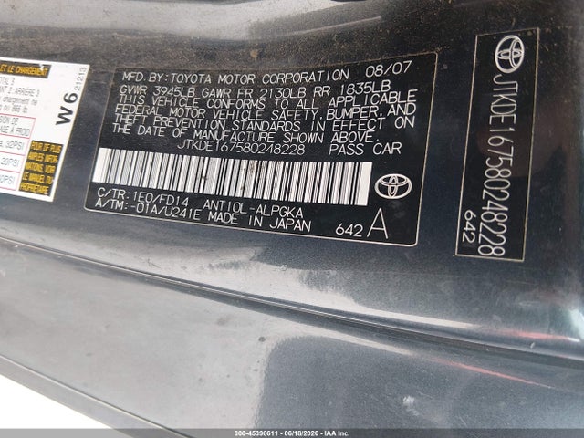 45398611 :رقم المزاد ، JTKDE167580248228 vin ، 2008 Scion Tc مزاد بيع