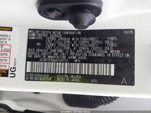 Продаж на аукціоні авто 2006 Lexus Gx 470, vin: JTJBT20X660104152, номер лоту: 45398613