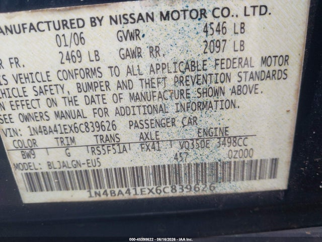 Продажа на аукционе авто 2006 Nissan Maxima 3.5 Sl, vin: 1N4BA41EX6C839626, номер лота: 45398622