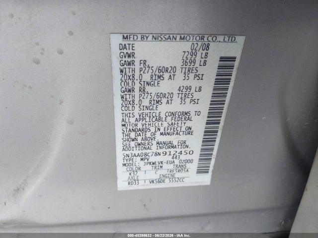 45398632 :رقم المزاد ، 5N3AA08C78N912450 vin ، 2008 Infiniti Qx56 مزاد بيع