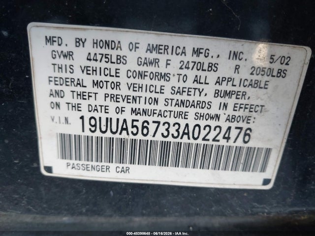 45398648 :رقم المزاد ، 19UUA56733A022476 vin ، 2003 Acura Tl 3.2 مزاد بيع