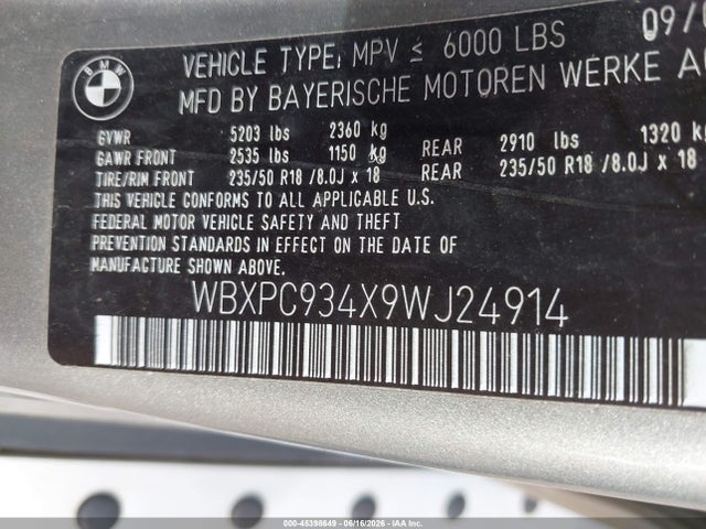 Продаж на аукціоні авто 2009 Bmw X3 Xdrive30i, vin: WBXPC934X9WJ24914, номер лоту: 45398649