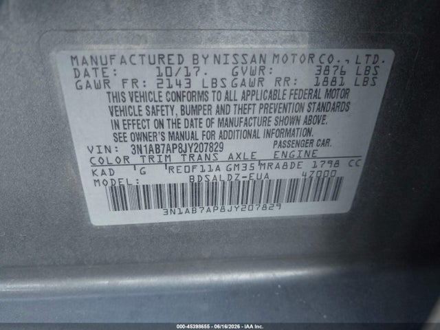 Продаж на аукціоні авто 2018 Nissan Sentra Sv, vin: 3N1AB7AP8JY207829, номер лоту: 45398655