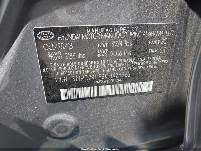 Aukcja sprzedaży 2019 Hyundai Elantra Se, vin: 5NPD74LF3KH424962, numer aukcji: 45398690