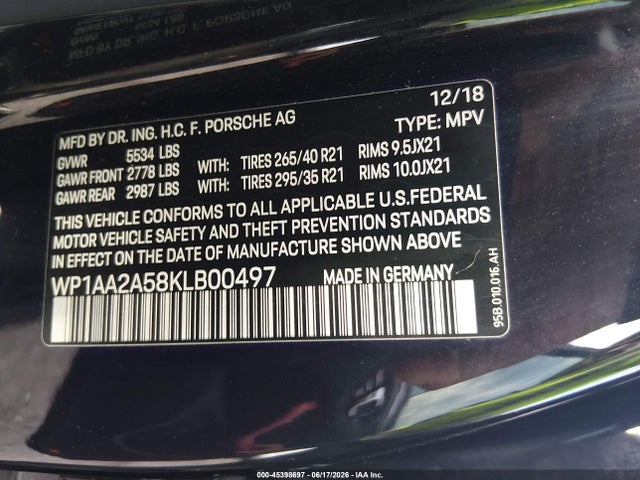 2019 Porsche Macan მანქანა იყიდება აუქციონზე, vin: WP1AA2A58KLB00497, აუქციონის ნომერი: 45398697