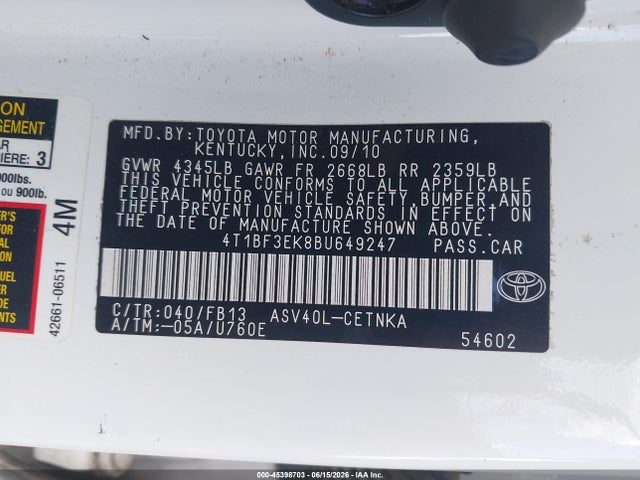 Aukcja sprzedaży 2011 Toyota Camry Le, vin: 4T1BF3EK8BU649247, numer aukcji: 45398703