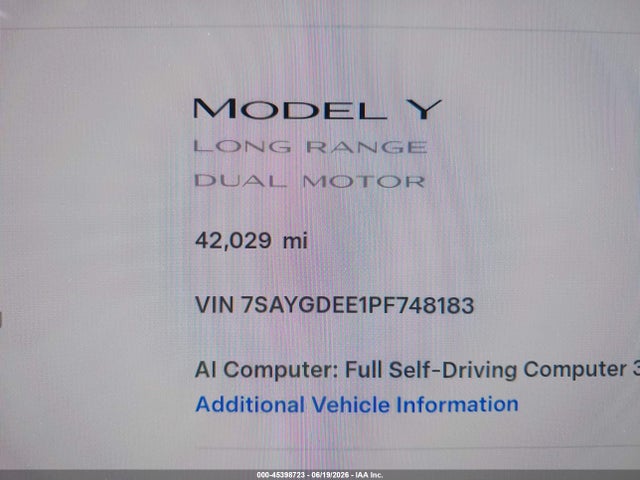 Auction sale of the 2023 Tesla Model Y Awd/long Range Dual Motor All-wheel Drive, vin: 7SAYGDEE1PF748183, lot number: 45398723