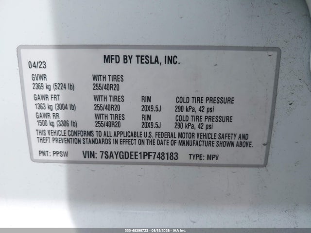 Auction sale of the 2023 Tesla Model Y Awd/long Range Dual Motor All-wheel Drive, vin: 7SAYGDEE1PF748183, lot number: 45398723