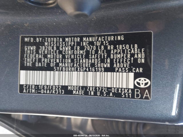 2016 Toyota Corolla S Plus მანქანა იყიდება აუქციონზე, vin: 5YFBURHEXGP416199, აუქციონის ნომერი: 45398724