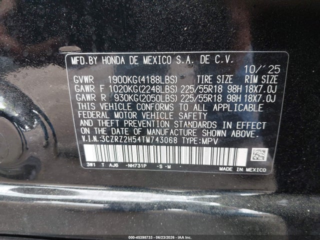 3CZRZ2H54TM743068 Honda Hr-v Awd Sport