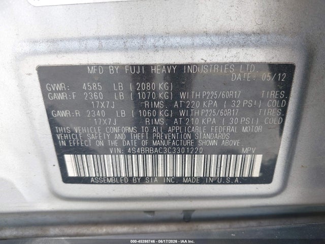 2012 Subaru Outback 2.5i მანქანა იყიდება აუქციონზე, vin: 4S4BRBAC3C3301220, აუქციონის ნომერი: 45398746