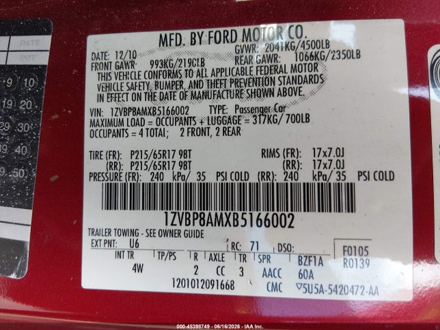 Aukcja sprzedaży 2011 Ford Mustang V6 Premium, vin: 1ZVBP8AMXB5166002, numer aukcji: 45398749
