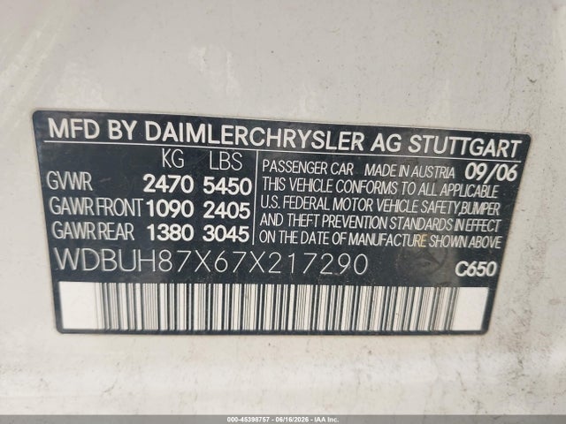 Aukcja sprzedaży 2007 Mercedes-benz E 350 4matic, vin: WDBUH87X67X217290, numer aukcji: 45398757