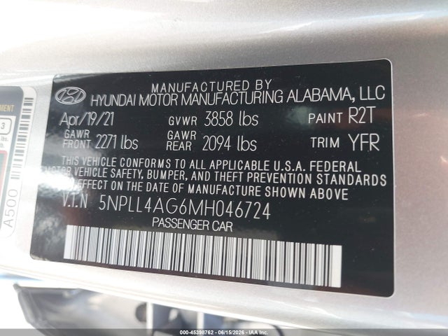 5NPLL4AG6MH046724 Hyundai ELANTRA SE