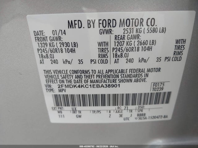 Продажа на аукционе авто 2014 Ford Edge Limited, vin: 2FMDK4KC1EBA38901, номер лота: 45398792